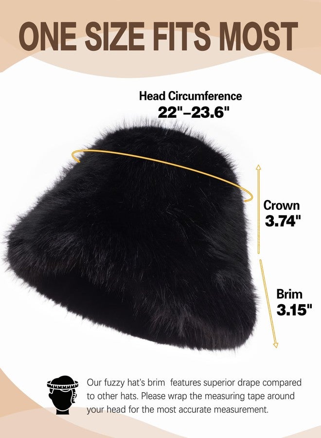 Doyesiee Faux Fur Bucket Hat for Women, Wide Brim Adjustable Fuzzy Fisherman Cap Long Pile Fluffy Winter Fashion Hat (US, Alpha, One Size, Medium, Black) - Image 4